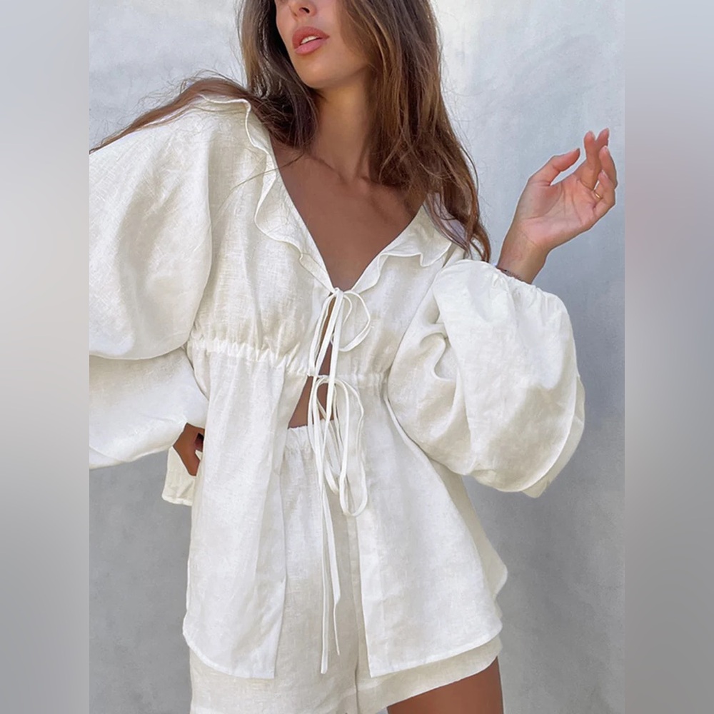 Commense White Linen Tie-Front Peasant Top with Balloon Sleeves